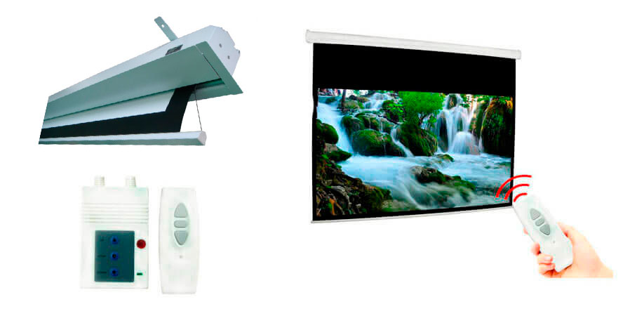 Pantalla de proyeccion empotrado al techo con controles inalambricos y de pared Pantalla de proyeccion empotrado al techo con controles inalambricos y de pared